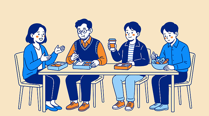 음료 음식 일러스트 함께함 대화 일상 사무실 모임 그룹 먹기 동료 직원 도시락 점심 나눔 소통 인원 국내일러스트 AI파일 컨셉 비즈니스 관계 모션 말하기 라이프 파일형식 벡터 생활