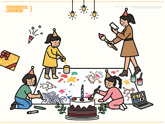 기념일 어린이 일러스트 놀이 색연필 실내 미술 소녀 장식 친구 파티 케이크 페인트 도구 생일 그리기 즐거움 그림 손재주 창의성 국내일러스트 AI파일 여자 감정 관계 모션 문화예술 학용품 디저트 사람 이벤트 내부 파일형식 벡터 음식 문구용품 오브젝트