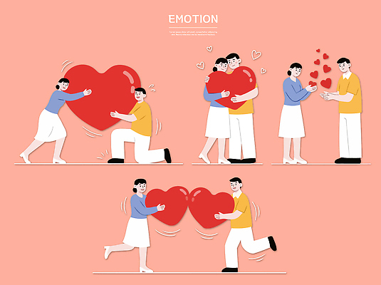 커플 여자 남자 분홍색 일러스트 관계 사랑 웃음 사람 일상 친구 하트 즐거움 교감 국내일러스트 AI파일 모양 감정 컬러 표정 라이프 파일형식 벡터 생활