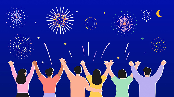 시선 여자 남자 일러스트 가족 밤하늘 새해 함께함 불꽃놀이 이벤트 여러명 친구 축제 기쁨 모임 축하 즐거움 화합 국내일러스트 AI파일 감정 다수 컨셉 관계 놀이 하늘 사람 밤 야간 파일형식 벡터 자연요소