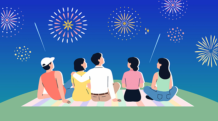 여자 남자 야경 일러스트 밤하늘 휴식 불꽃놀이 이벤트 잔디 여름 친구 소풍 파티 만남 그룹 즐거움 국내일러스트 AI파일 식물 계절 감정 컨셉 관계 놀이 하늘 사람 풍경 야외활동 밤 야간 파일형식 벡터 자연요소