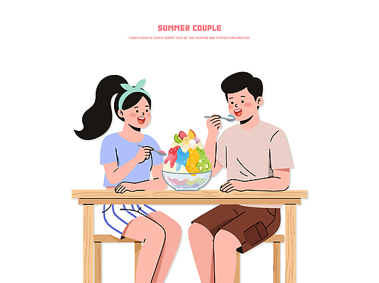 커플 여자 남자 음식 일러스트 탁자 아이스크림 디저트 웃음 여름 친구 시원함 먹기 즐거움 상큼 과일빙수 소통 국내일러스트 AI파일 계절 감정 가구 컨셉 과일 관계 모션 표정 사람 빙수 파일형식 벡터 생활용품 오브젝트