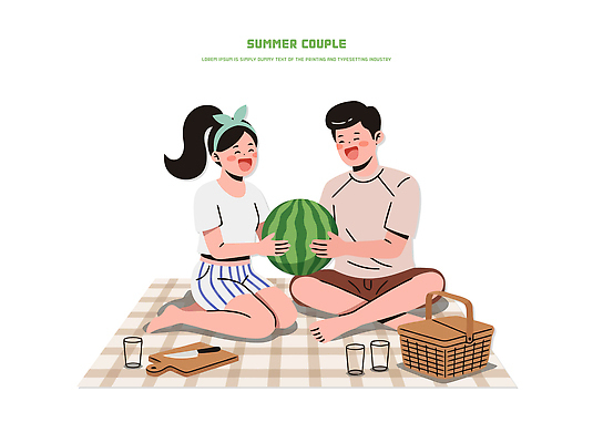 커플 여자 남자 여유 음료 음식 일러스트 수박 대화 웃음 야외 여름 친구 소풍 바구니 즐거움 돗자리 국내일러스트 AI파일 계절 감정 과일 관계 표정 말하기 사람 야외활동 파일형식 벡터 모션