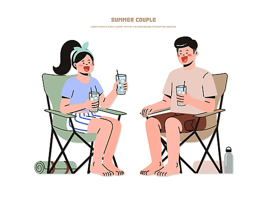 커플 여자 남자 행복 음료 의자 일러스트 맨발 휴식 웃음 야외 일상 여름 수건 편안함 시원함 물통 냉음료 캠핑의자 국내일러스트 AI파일 계절 감정 가구 컨셉 관계 발 표정 캠핑도구 사람 라이프 위생용품 감각 파일형식 벡터 생활용품 생활 신체부위 캠핑 도구 레저 오브젝트
