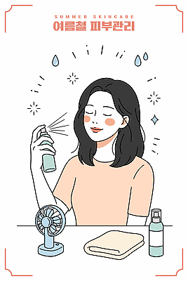 여자 얼굴 일러스트 관리 한명 여름 뷰티 화장품 촉촉함 더위 수분 피부 피부관리 스프레이 스킨케어 미스트 손풍기 피부건강 국내일러스트 AI파일 1 계절 날씨 건강 사람 신체부위 젖음 선풍기 휴대용 파일형식 벡터 가전제품 오브젝트