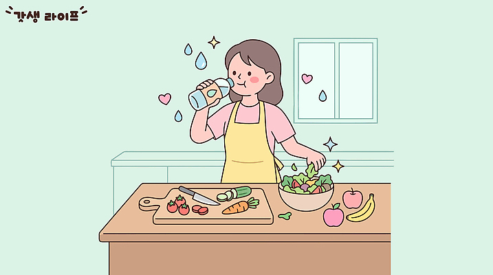 여자 음식 토마토 채소 과일 일러스트 재료 오이 바나나 건강 요리 라이프 물 주방 식사 당근 샐러드 신선 사과 먹기 준비 손질 물마시기 수분섭취 갓생 국내일러스트 AI파일 자연요소 모션 뿌리채소 사람 생활 마시기 파일형식 벡터