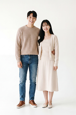 JPG 편집이미지 커플 옷 원피스 여자 남자 스튜디오 함께함 사랑 미소 청바지 스웨터 의료성형뷰티 편집실사 AI인물포토 AI콘텐츠 감정 컨셉 상의 바지 관계 표정 사람 CG 파일형식 AI포토 하의