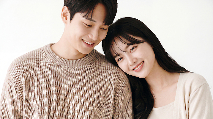 JPG 편집이미지 커플 여자 남자 행복 감정 포즈 사랑 미소 웃음 친구 기댐 의료성형뷰티 편집실사 AI인물포토 AI콘텐츠 관계 모션 표정 사람 CG 파일형식 AI포토