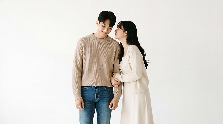 JPG 편집이미지 커플 여자 남자 포즈 관계 실내 표정 사랑 서기 미소 상반신 편안함 어깨 의료성형뷰티 편집실사 AI인물포토 AI콘텐츠 감정 모션 사람 내부 신체부위 감각 CG 파일형식 AI포토