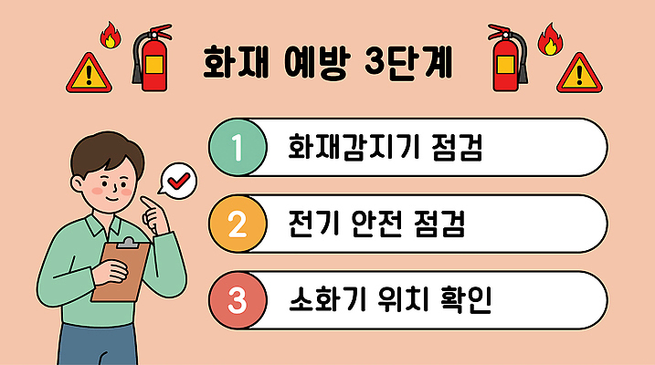 교육 일러스트 관리 경고 안전 전기에너지 확인 시설 화재 위치 소화기 점검 단계 방법 화재예방 국내일러스트 AI파일 에너지 안전장비 소방 사건 예방 파일형식 벡터 장비