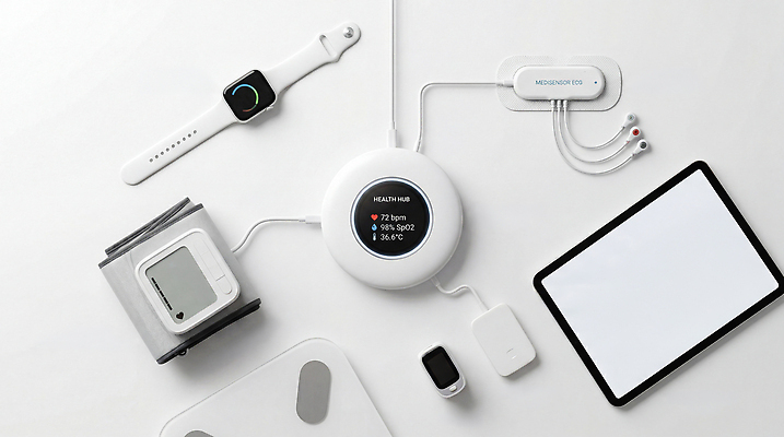 JPG 편집이미지 의학 전자제품 태블릿 건강관리 자료 장비 연결 측정 하이테크 혈압계 첨단기기 스마트워치 AI_인공지능 편집실사 AI포토 AI콘텐츠 의료기기 기술 건강 관리 스마트기기 기계 CG 혈압 웨어러블 파일형식