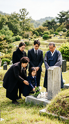 JPG 편집이미지 전통 여자 노년 남자 어린이 가족 소녀 성인 무덤 비석 애도 현충일 장례식 추모 헌화 의료성형뷰티 편집실사 AI인물포토 AI콘텐츠 기념일 관계 사람 CG 파일형식 호국보훈의달 AI포토 이벤트 6월 날짜