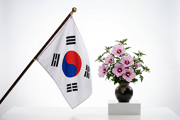JPG 식물 편집이미지 전통 꽃 문화 예술 상징 한국 장식 꽃병 국기 태극기 심플 무궁화 애국심 호국보훈의달 편집실사 AI포토 AI콘텐츠 아시아 6월 CG 파일형식 나라 날짜