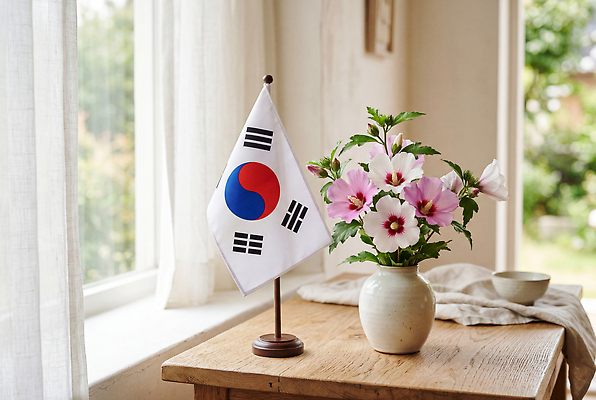 JPG 식물 편집이미지 꽃 문화 꽃다발 창문 탁자 한국 실내 장식 햇빛 꽃병 태극기 무궁화 애국심 호국보훈의달 편집실사 AI포토 AI콘텐츠 아시아 가구 내부 빛 국기 6월 CG 파일형식 나라 생활용품 날짜 오브젝트
