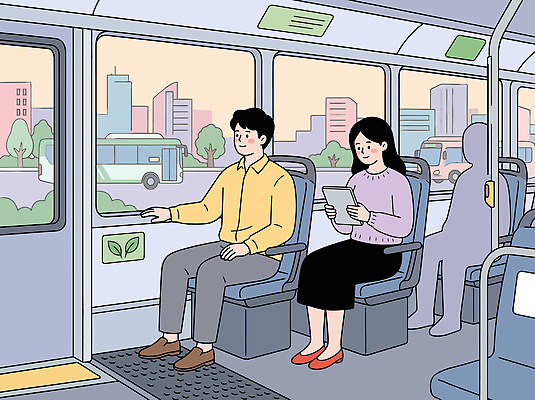 여자 남자 이동 일러스트 버스 대중교통 사람 잔디 건물 태블릿 도심 승차 창밖 국내일러스트 AI파일 식물 건축물 육상교통 교통수단 컨셉 창문 모션 전자제품 스마트기기 도시 파일형식 벡터 건축 교통