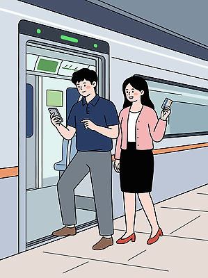 여자 남자 교통 이동 일러스트 대중교통 대화 사람 친구 스마트폰 기차 신용카드 플랫폼 승객 정차 국내일러스트 AI파일 육상교통 교통수단 컨셉 관계 교통시설 말하기 금융 핸드폰 스마트기기 파일형식 벡터 모션 경제 전자제품 시설