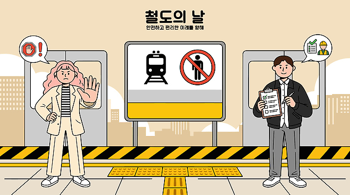 여자 남자 일러스트 대중교통 안내 경고 안전 사람 기찻길 정보 신호 교통안전 규칙 기차역 철도의날 국내일러스트 AI파일 교통수단 역 파일형식 벡터 법정기념일 기념일 교통 교통시설 이벤트 시설