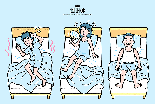 캐릭터 감정 일러스트 피곤 여름 침대 잠 부채 수면 잠자리 더위 밤 땀 고생 불면증 열대야 불편함 국내일러스트 AI파일 계절 가구 곤충 컨셉 날씨 감각 질병 파일형식 벡터 동물 생활용품 의학 오브젝트