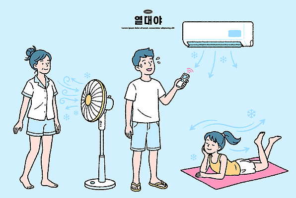 여자 남자 일러스트 날씨 휴식 실내 여름 방 에너지 선풍기 더위 시원함 에어컨 열대야 국내일러스트 AI파일 계절 컨셉 사람 내부 가전제품 파일형식 벡터