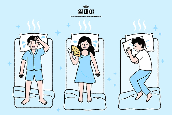 여자 남자 일러스트 스트레스 일상 여름 이불 침대 잠 뜨거움 부채 수면 더위 밤 땀 불면증 열대야 불편함 국내일러스트 AI파일 계절 가구 침구 날씨 사람 라이프 감각 질병 파일형식 벡터 생활용품 의학 생활 오브젝트