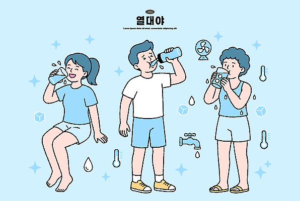 여자 남자 음료 일러스트 건강 생활 물 여름 더위 수분 시원함 물병 노력 물마시기 수분섭취 얼음물 열대야 국내일러스트 AI파일 자연요소 계절 날씨 사람 마시기 물통 파일형식 벡터 모션