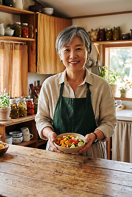 JPG 편집이미지 그릇 여자 노년 음식 채소 건강 요리 웃음 실버라이프 주방 식사 준비 조리대 의료성형뷰티 편집실사 웰니스 AI인물포토 AI콘텐츠 라이프스타일 식기 표정 사람 성인 CG 파일형식 AI포토 생활