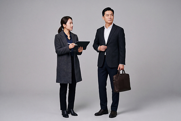JPG 편집이미지 여자 남자 비즈니스 협력 직장 대화 설명 정장 태블릿 자료 업무 사무 직장인 동료 준비 파트너십 편집실사 AI인물포토 AI콘텐츠 직업 옷 회사 관계 모션 말하기 사람 전자제품 스마트기기 작업 CG 파일형식 AI포토