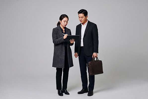 JPG 편집이미지 여자 남자 가방 비즈니스 회의 협력 직장 대화 정장 태블릿 기록 작업 직장인 동료 문서 파트너십 편집실사 AI인물포토 AI콘텐츠 직업 잡화 옷 회사 관계 말하기 사람 전자제품 스마트기기 CG 파일형식 AI포토 모션