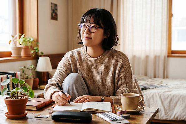JPG 식물 편집이미지 여자 음료 생각 창문 탁자 집안 일상 컵 빛 학습 공간 방 기록 일기 편안함 오브젝트 의료성형뷰티 편집실사 AI인물포토 AI콘텐츠 식기 교육 가구 실내 사람 라이프 감각 CG 파일형식 AI포토 생활용품 내부 생활