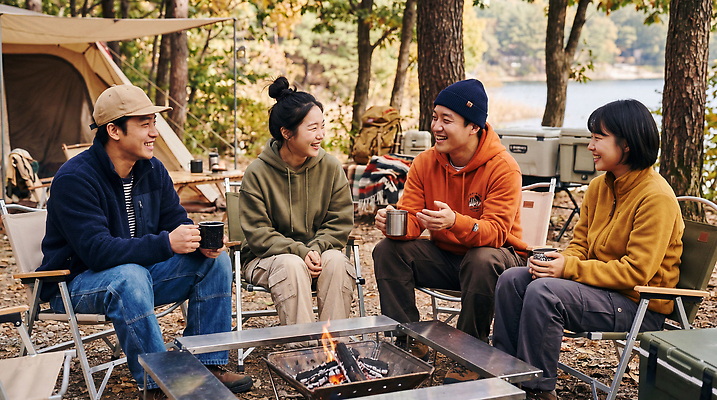 JPG 편집이미지 여자 남자 커피 자연 불 휴식 대화 야외 친구 캠핑 만남 숲 모닥불 즐거움 의료성형뷰티 편집실사 AI인물포토 AI콘텐츠 자연요소 감정 음료 컨셉 관계 레저 말하기 사람 CG 생태계 파일형식 AI포토 모션