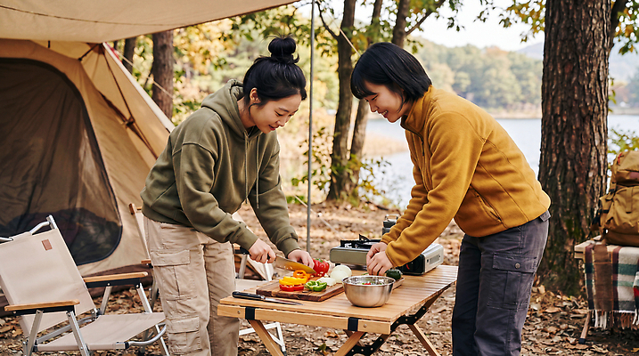 JPG 편집이미지 호수 여행 채소 자연 텐트 요리 야외 친구 식사 캠핑 도구 준비 주말 의료성형뷰티 편집실사 AI인물포토 AI콘텐츠 관계 레저 캠핑도구 CG 생태계 파일형식 AI포토