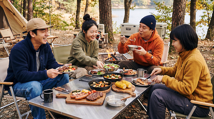 JPG 편집이미지 여자 남자 호수 음식 채소 자연 탁자 육류 대화 웃음 친구 식사 캠핑 모임 저녁 숲 즐거움 의료성형뷰티 편집실사 AI인물포토 AI콘텐츠 감정 가구 식재료 관계 레저 표정 말하기 사람 밤 야간 CG 생태계 파일형식 AI포토 자연요소 생활용품 모션 오브젝트