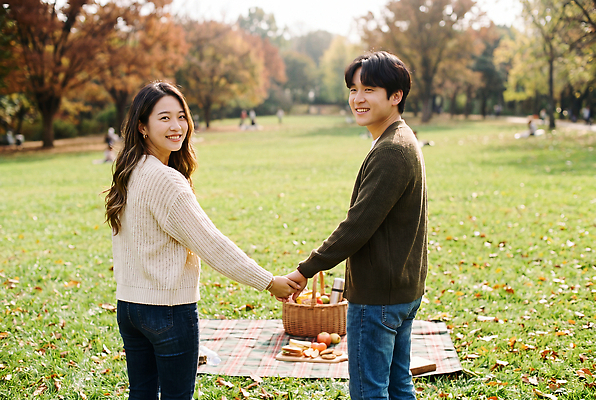 JPG 나무 편집이미지 커플 공원 여자 남자 행복 데이트 자연 함께함 사랑 웃음 잔디 소풍 야외활동 손잡기 가을 의료성형뷰티 편집실사 AI인물포토 AI콘텐츠 식물 계절 공공시설 감정 컨셉 관계 모션 표정 사람 CG 생태계 파일형식 AI포토 시설
