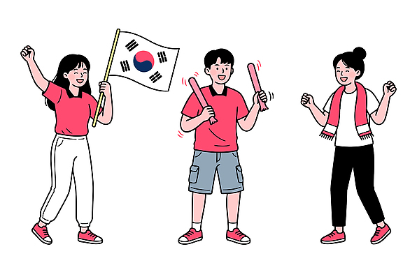 여자 남자 문화 스포츠 일러스트 응원 협력 한국 사람 경기 친구 기쁨 에너지 국기 태극기 즐거움 붉은악마 열정 응원봉 월드싸커 국내일러스트 AI파일 감정 아시아 관계 파일형식 벡터 나라