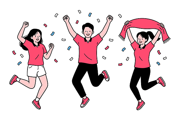 여자 남자 행복 일러스트 응원 협력 함께함 웃음 여러명 빨간색 세명 수건 파티 축제 기쁨 만세 축하 즐거움 붉은악마 월드싸커 국내일러스트 AI파일 감정 스포츠 컬러 다수 컨셉 모션 표정 사람 이벤트 위생용품 파일형식 벡터 생활용품 오브젝트
