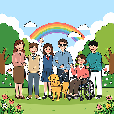 나무 학생 공원 여자 교육 남자 꽃 행복 교복 무지개 일러스트 가족 청소년 수업 웃음 여러명 친구 모임 강아지 장애인 휠체어 외출 손인사 개선 시각장애인 국내일러스트 AI파일 자연요소 식물 옷 공공시설 감정 다수 관계 표정 사람 반려동물 인사 개 장애 파일형식 벡터 동물 포유류 예절 시설