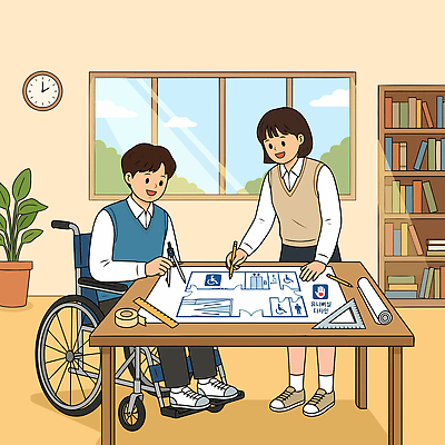 학생 디자인 여자 교육 남자 교복 시계 일러스트 교실 청소년 탁자 수업 협력 책장 대화 학습 공간 설계도 계획 장애인 휠체어 그림 과제 개선 구성 창의성 국내일러스트 AI파일 옷 가구 컨셉 학교 건설업 말하기 사람 장애 파일형식 벡터 산업 생활용품 모션 오브젝트