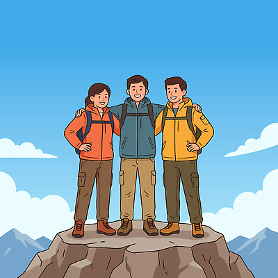 여자 남자 여행 일러스트 자연 하늘 어깨동무 산 웃음 풍경 여러명 등산 모임 정상 등산복 즐거움 외출 일과 기념사진 마음건강 국내일러스트 AI파일 옷 감정 포즈 다수 표정 사람 트래킹 마음 생태계 파일형식 벡터 레저