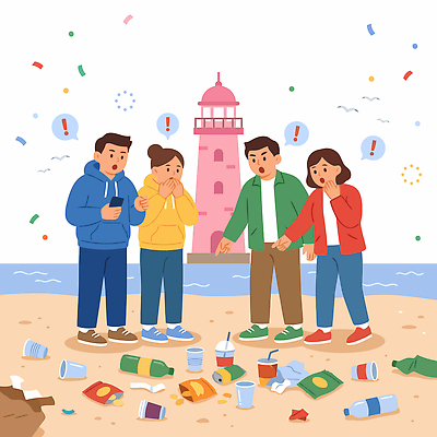 바다 일러스트 등대 사람 해변 친구 자연보호 환경 그린캠페인 놀람 모임 쓰레기 청소 챌린지 플로깅 국내일러스트 AI파일 감정 캠페인 관계 자연 표정 보호 파일형식 벡터 컨셉 생태계