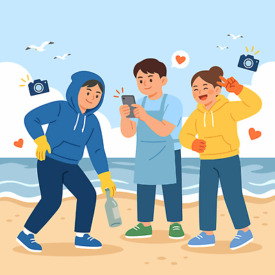 바다 일러스트 자연 미소 여러명 해변 환경 그린캠페인 사진촬영 그룹 청소 동료 즐거움 기념사진 쓰레기줍기 참여 청정 해양오염 챌린지 플로깅 국내일러스트 AI파일 감정 캠페인 다수 관계 표정 사람 촬영 환경오염 생태계 파일형식 벡터 줍기 컨셉 모션