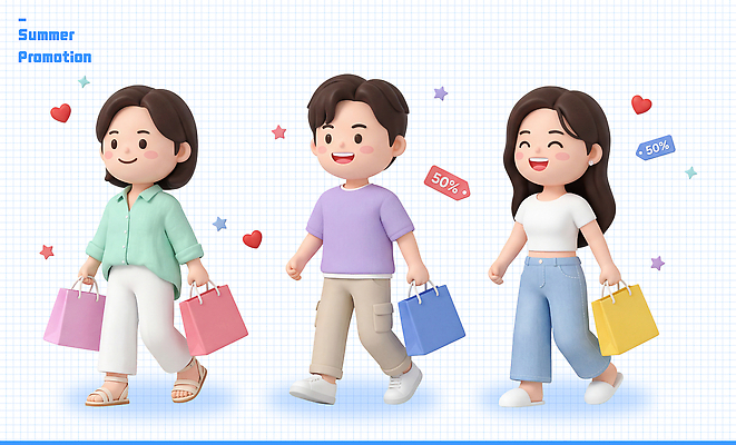 PSD 편집이미지 여자 남자 행복 이벤트 여러명 여름 쇼핑 세일 걷기 소비 장바구니 즐거움 편집3D 계절 감정 다수 모션 사람 3D 바구니 파일형식 디지털합성
