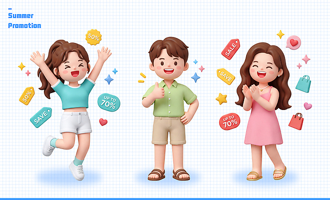 PSD 편집이미지 캐릭터 이벤트 여름 쇼핑 세일 기쁨 즐거움 프로모션 편집3D 계절 감정 3D 파일형식 디지털합성