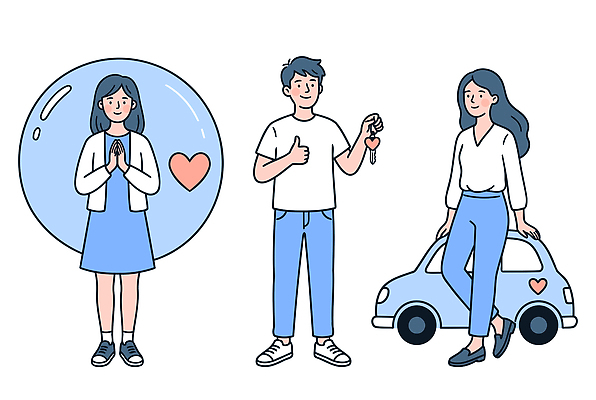 여자 남자 일러스트 자동차 열쇠 함께함 사랑 웃음 사람 파란색 친구 기도 보험 국내일러스트 AI파일 감정 육상교통 컬러 컨셉 관계 표정 파일형식 벡터 교통수단 교통