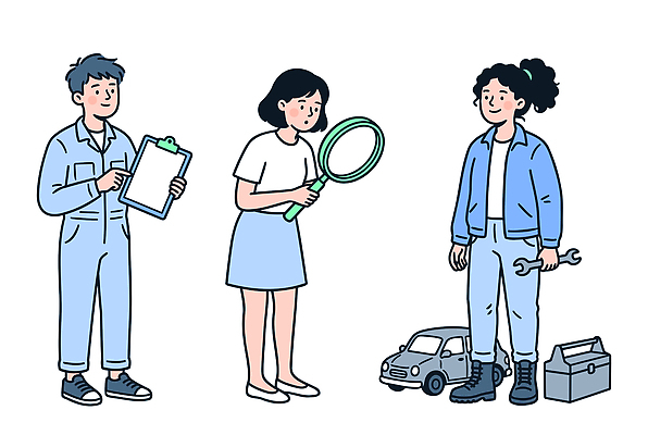 일러스트 자동차 협력 기술 파란색 도구 작업 확대경 문제 해결 보험 국내일러스트 AI파일 육상교통 컬러 파일형식 벡터 교통수단 교통