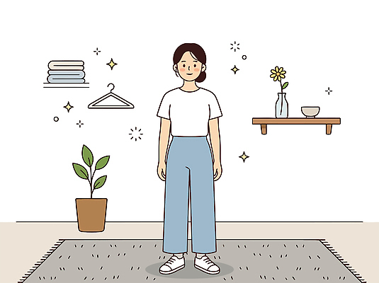 식물 여자 일러스트 선반 실내 라이프 꽃병 깨끗함 방 정리 미니멀 국내일러스트 AI파일 꽃 가구 컨셉 사람 내부 생활 파일형식 벡터 생활용품 오브젝트