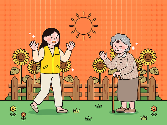 노년 꽃 할머니 일러스트 자연 해바라기 친절 대화 웃음 사람 여름 울타리 정원 인사 봉사 복지 서비스 방문 소통 돌봄 국내일러스트 AI파일 식물 계절 여자 컨셉 모션 표정 말하기 성인 담장 예절 도움 사회이슈 생태계 파일형식 벡터