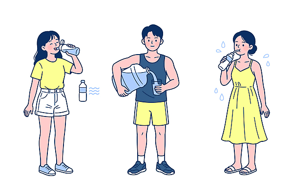 패션 음료 일러스트 날씨 휴식 건강 사람 물 여름 마시기 더위 수분 물통 국내일러스트 AI파일 자연요소 계절 컨셉 모션 파일형식 벡터