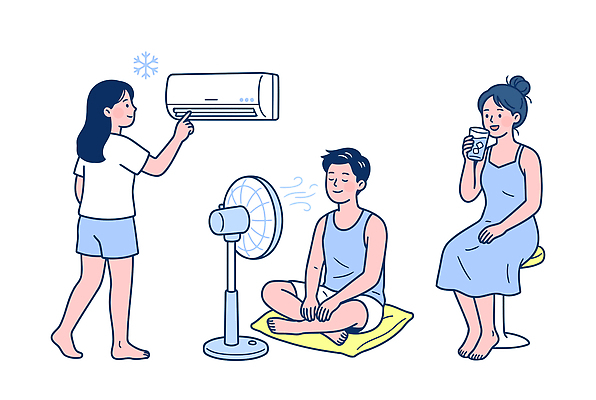 음료 일러스트 휴식 바닥 실내 여러명 생활 여름 선풍기 더위 편안함 시원함 에어컨 국내일러스트 AI파일 계절 다수 컨셉 날씨 사람 내부 가전제품 감각 파일형식 벡터