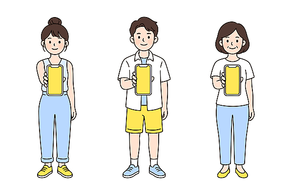 여자 남자 일러스트 기술 들기 사람 세명 스마트폰 핸드폰 디지털 스크린 기쁨 즐거움 보여주기 국내일러스트 AI파일 감정 모션 전자제품 스마트기기 파일형식 벡터