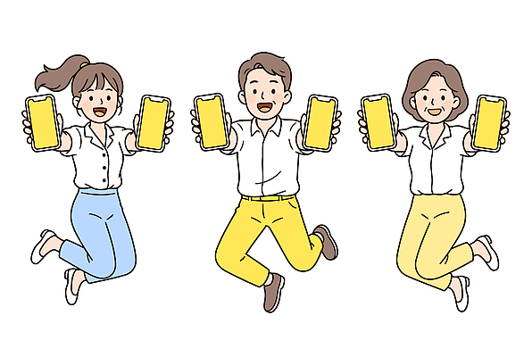 포즈 일러스트 함께함 웃음 들기 사람 일상 세명 스마트폰 점프 활발 기쁨 즐거움 보여주기 국내일러스트 AI파일 감정 컨셉 모션 표정 라이프 핸드폰 스마트기기 파일형식 벡터 생활 전자제품